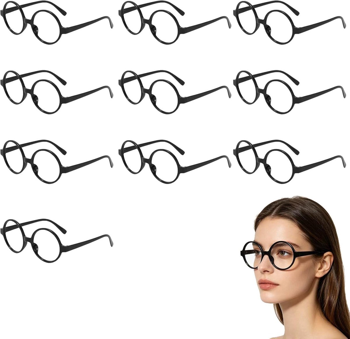 ronde brillen zonder glazen set 10 stuks - zwarte kunststof nepbril - lichtgewicht - perfect voor cosplay en feest - SnelShoppen