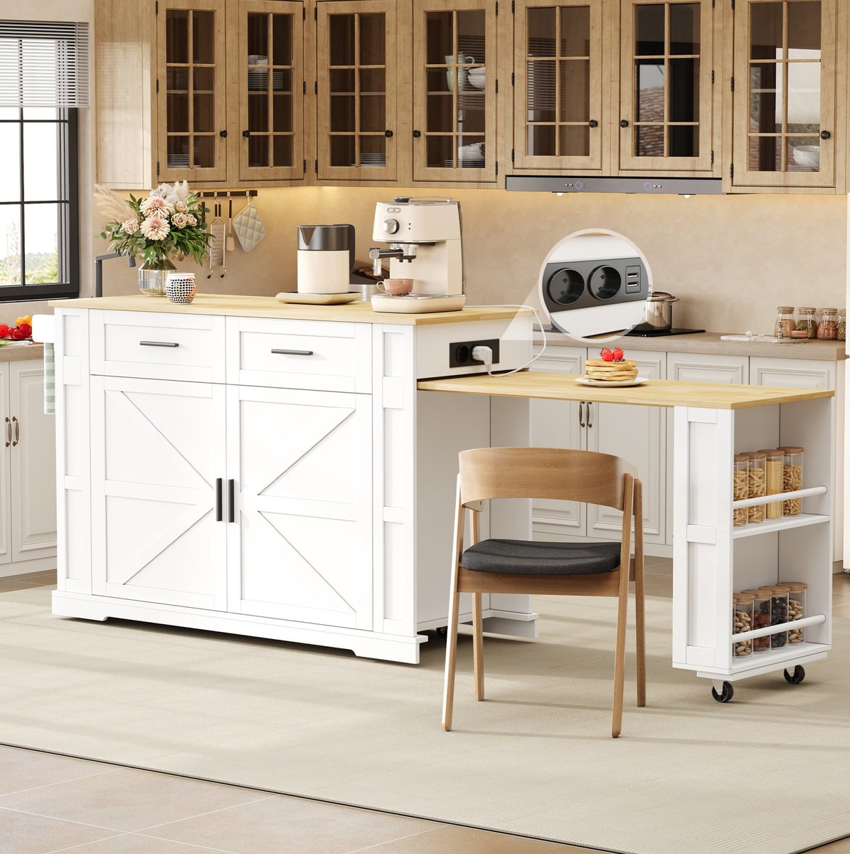 Keuken Eiland Met Uitschuifbaar Werkblad En Stopcontact Usb - Veel Opbergruimte Voor Koken En Serveren - MDF - Wit En Eikenlook - 130 X 50 X 93 Cm
