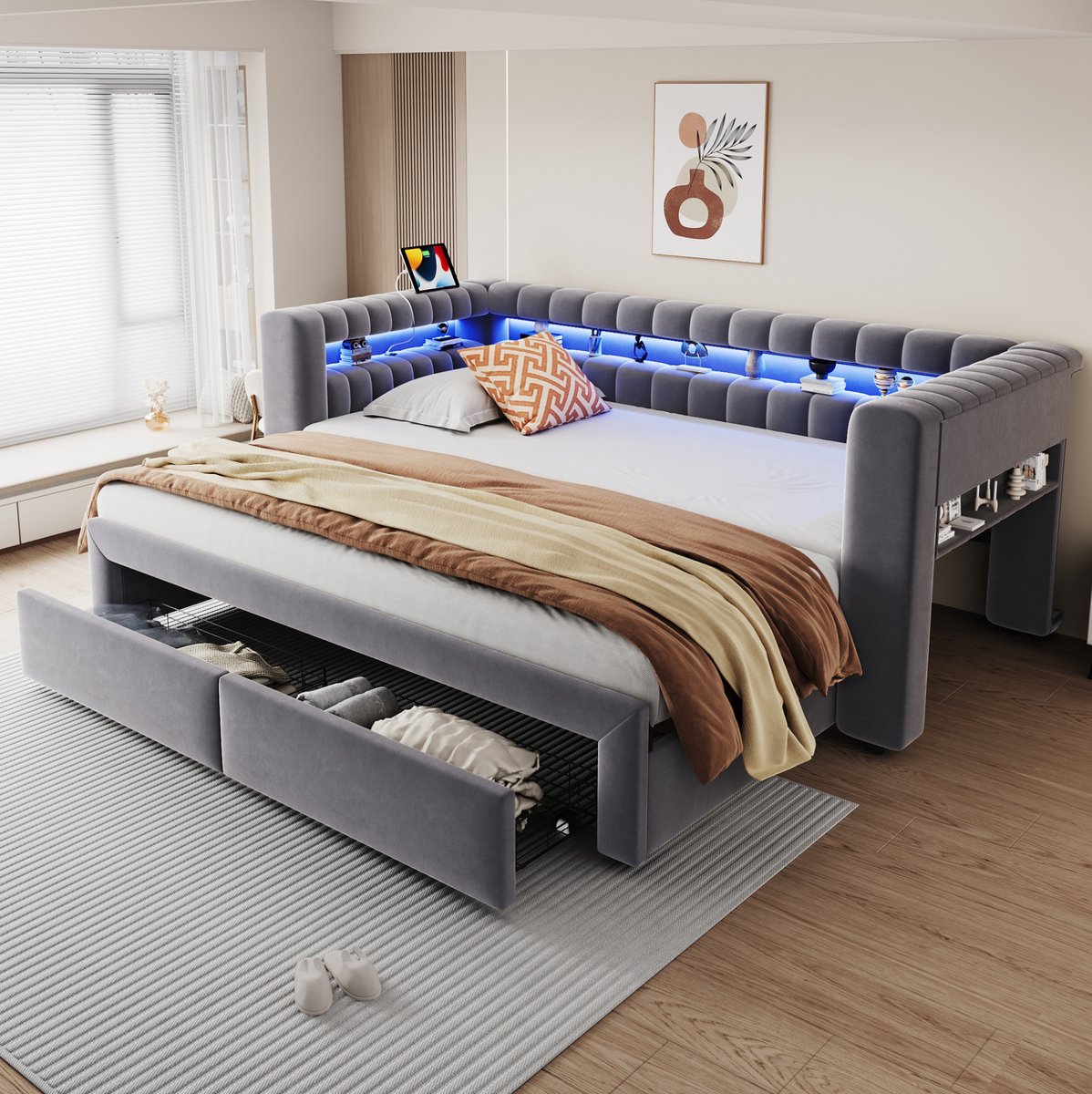 STILVORA Slaapbank 90x190 cm – Uitschuifbaar Tot 180x190 cm – Met LED, USB-C, Opbergruimte En Lades – Fluweel – Donkergrijs – Zonder Matras