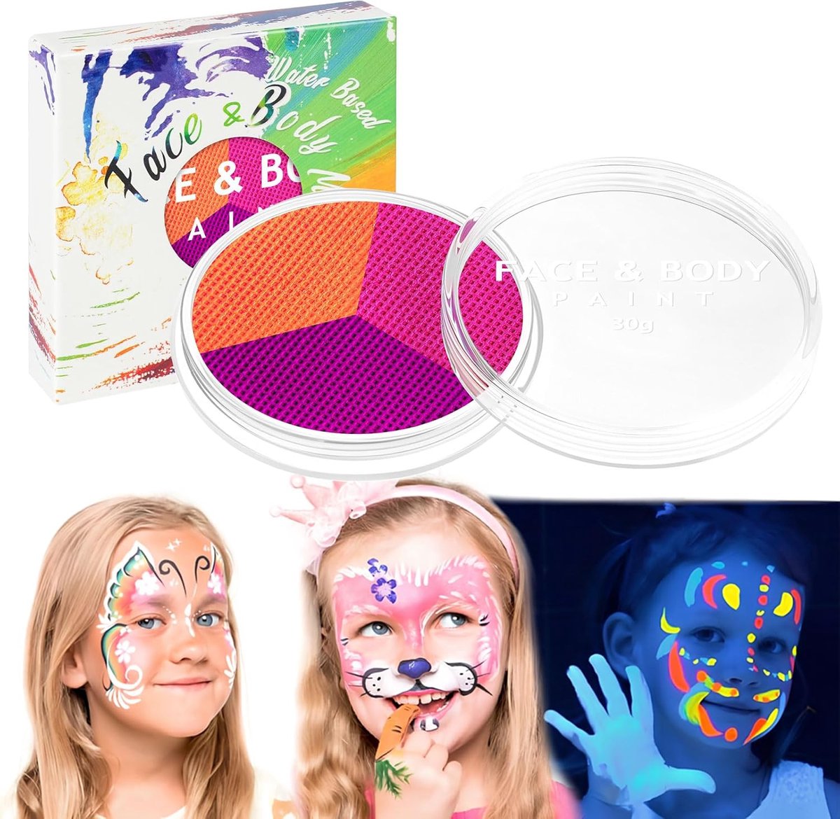 Waterverf make-up 30 g - 3 fluorescerende vegan bodypaint - veilig voor kinderen - ideaal voor carnaval en Halloween - SnelShoppen