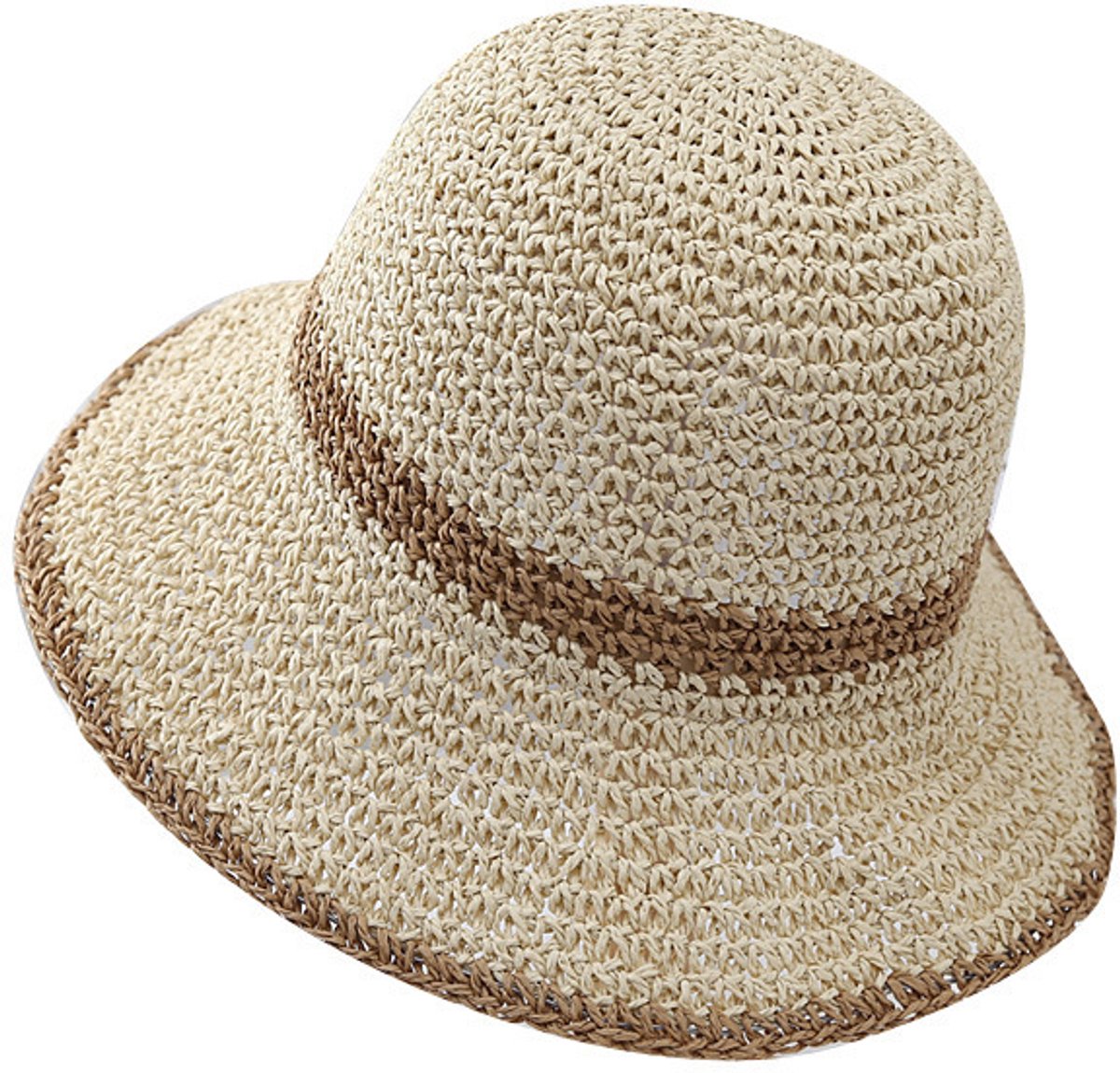 Hoed - Zonnehoed voor Vrouwen - Opvouwbare Strohoed met Brede Rand - Reisbaar Zomer Fedora Hoed - voor Strand en Vakantie - Beige