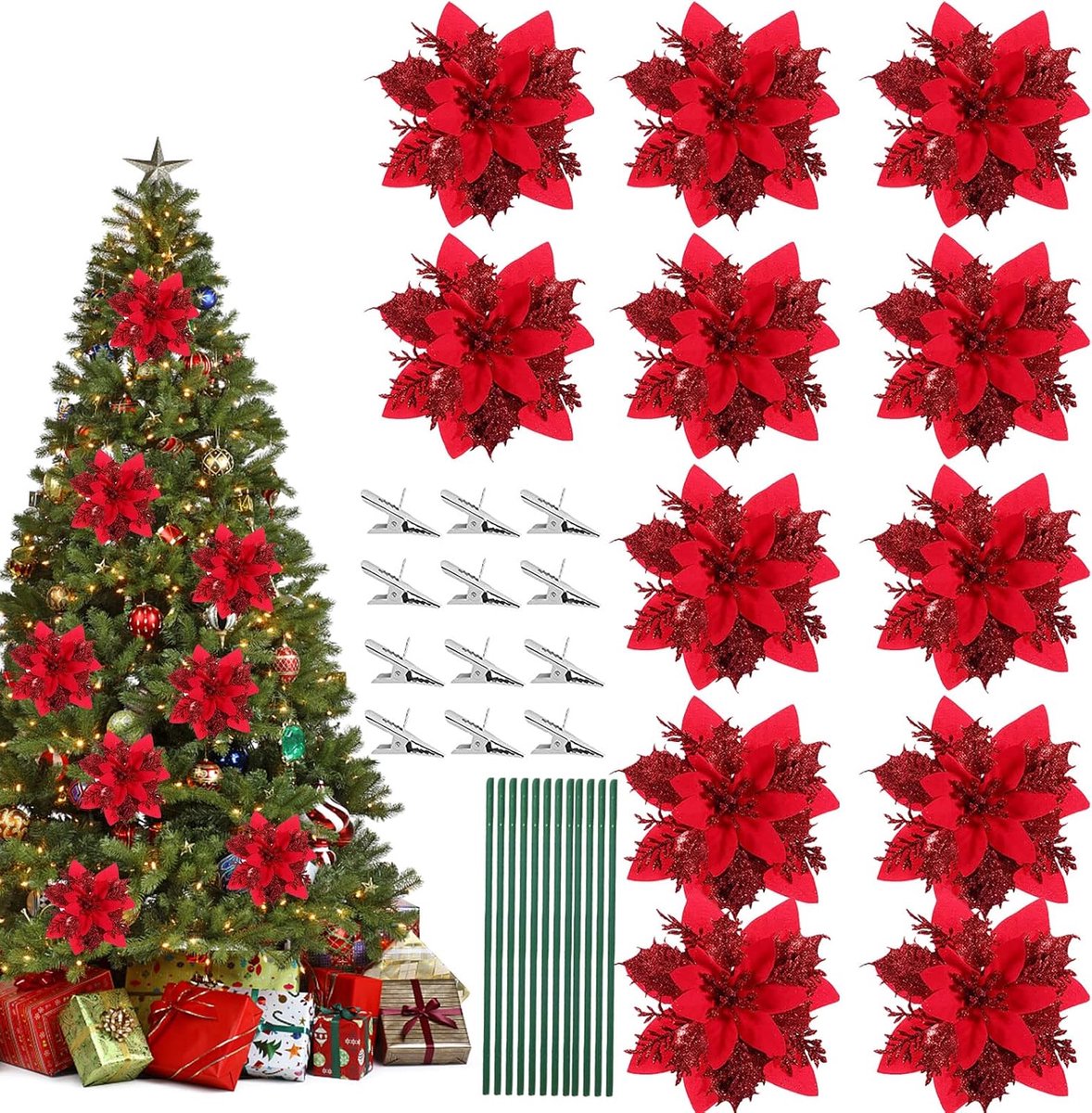 Kunststof Kerstster Bloemen Set - Glitter Rood - 12 Stuks met Clips en Stelen - Perfect voor Feestdecoratie - ShopVlot