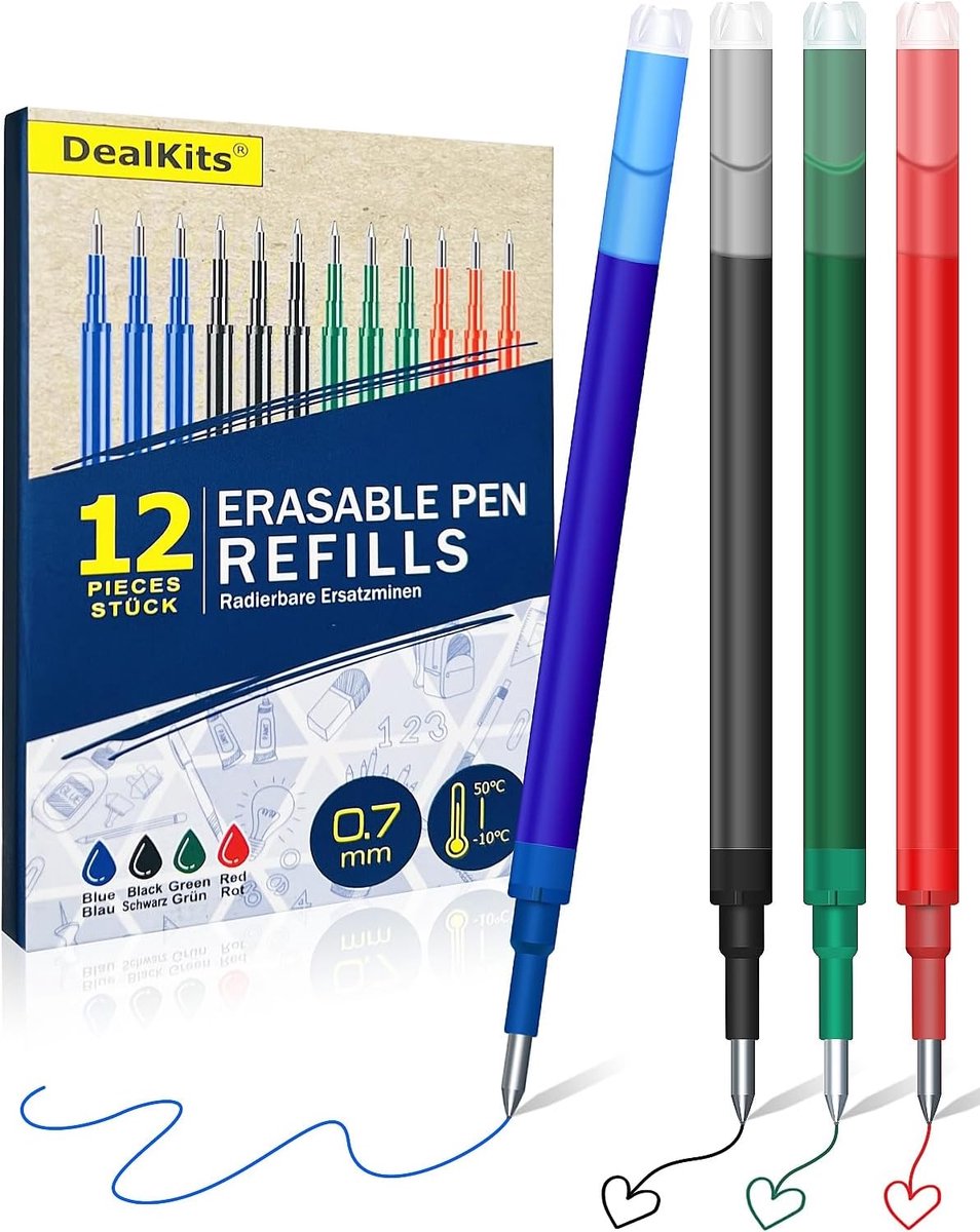 Erasable gelpen navullingen 0.7 mm - 12 stuks - blauw, zwart, rood en groen - duurzaam en milieuvriendelijk - ShopVlot