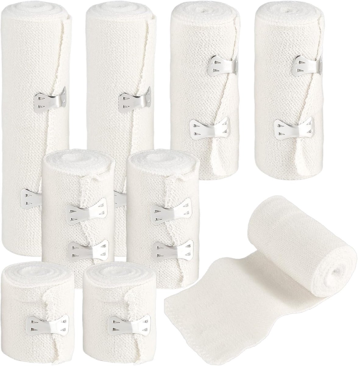 elastische bandageset 8 stuks - 4 breedtes 5/7/10/15 cm - fixeerverband met metalen clips - ShopVlot