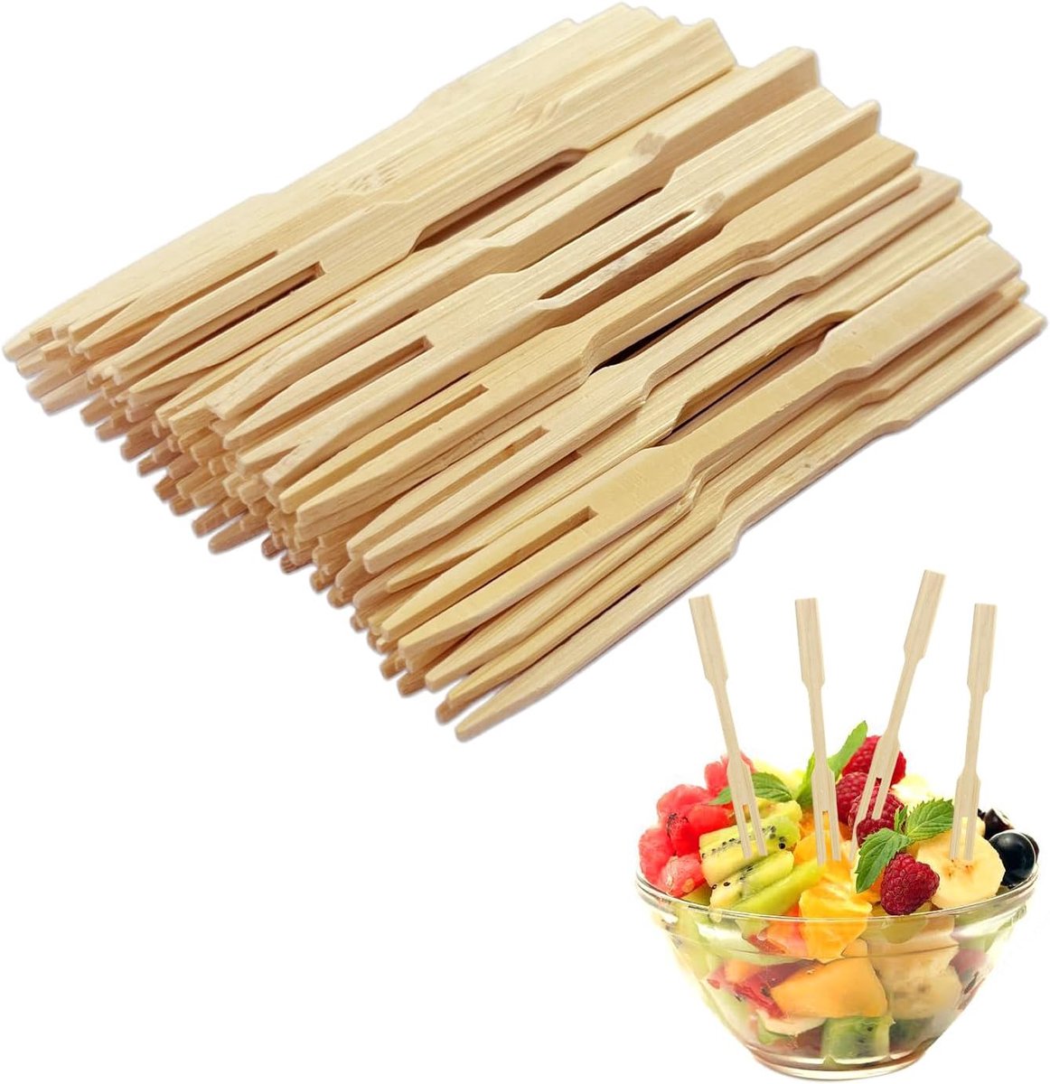 SnelShoppen - 80 Stuks Bamboe Fruitvorken 90 mm x 6 mm x 3 mm, Duurzaam Natuurlijke Tafelgerei, Milieu-vriendelijk, Perfect voor Feesten en Picknicks