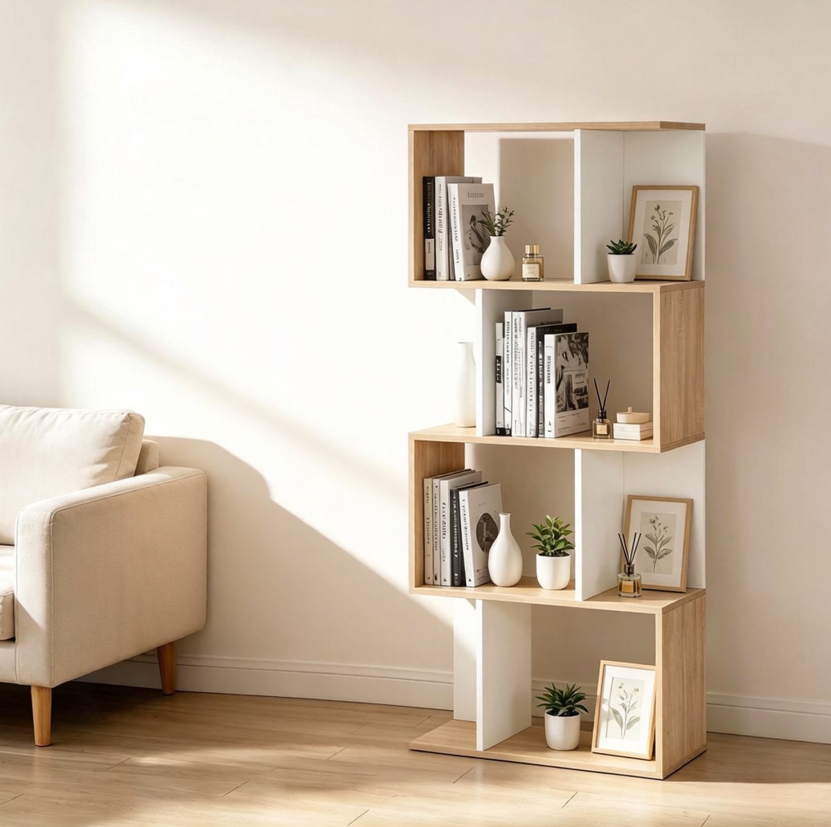 Boekenkast S-Vorm – Open Design Met 5 Planken – 60 x 24 x 148 Cm – Spaanplaat – Naturel Hout Wit – Voor Woonkamer, Slaapkamer En Kantoor