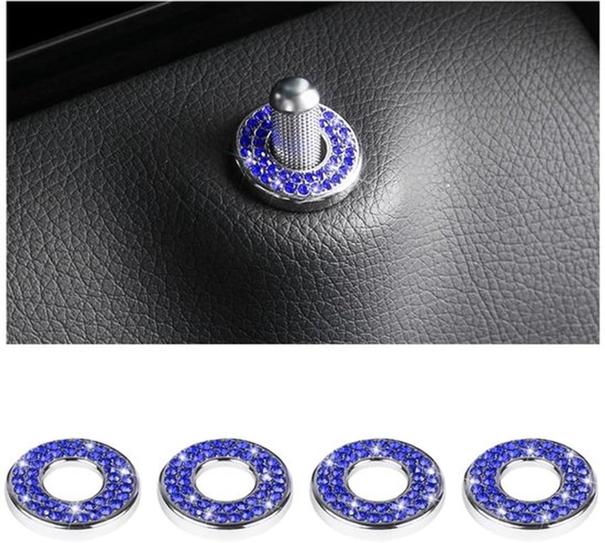 4 stuks strass bling binnenslot voor auto's, deurvergrendelingsbouten, bling strass auto interieur deurslot pull pin decoratie autoslot ring afdekkingen trim (blauw)