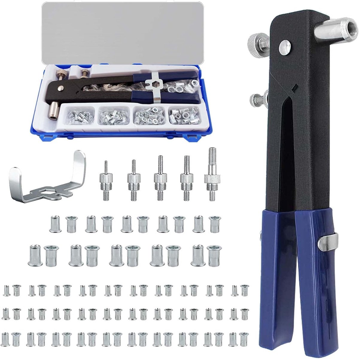 carmdering - Rivethuls Tool Kit - Handmatige Klinknagel Gun - Rivet Nut Set - M3/M4/M5/M6/M8 Nosepieces - Verstelbare Trekschroef - Aluminium Ribbed Rivnuts - Duurzame Constructie - Eenvoudige Bediening - 86 Stuks