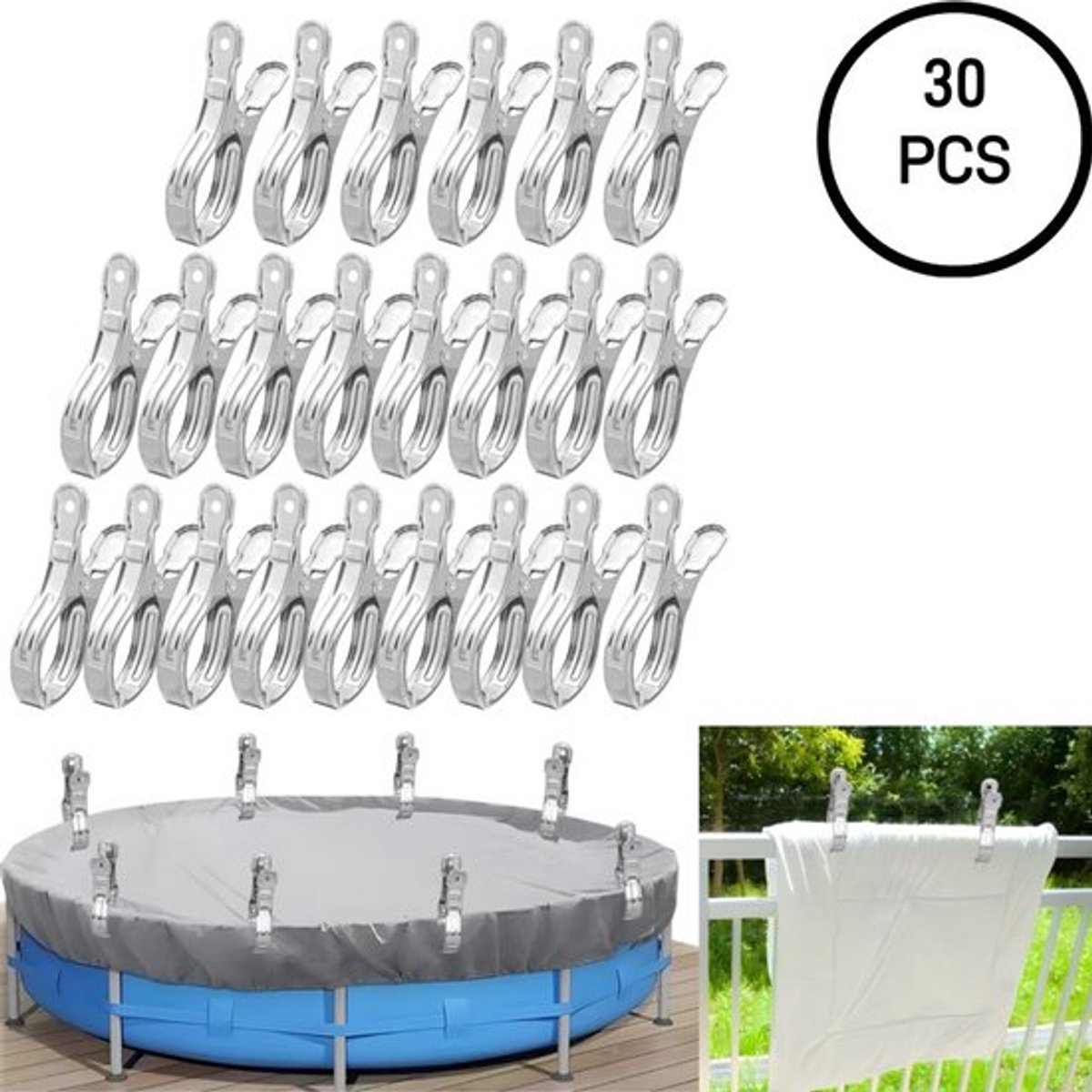 30 stuks - Winddichte clips van roestvrij staal - Clips voor zwembadafdekkingen - Gordijnclips - Kledingclips van metaal - Sterk en duurzaam - Roest niet snel - Zilver - 2*13cm - Geschikt voor balkon, zwembad, kledingkast
