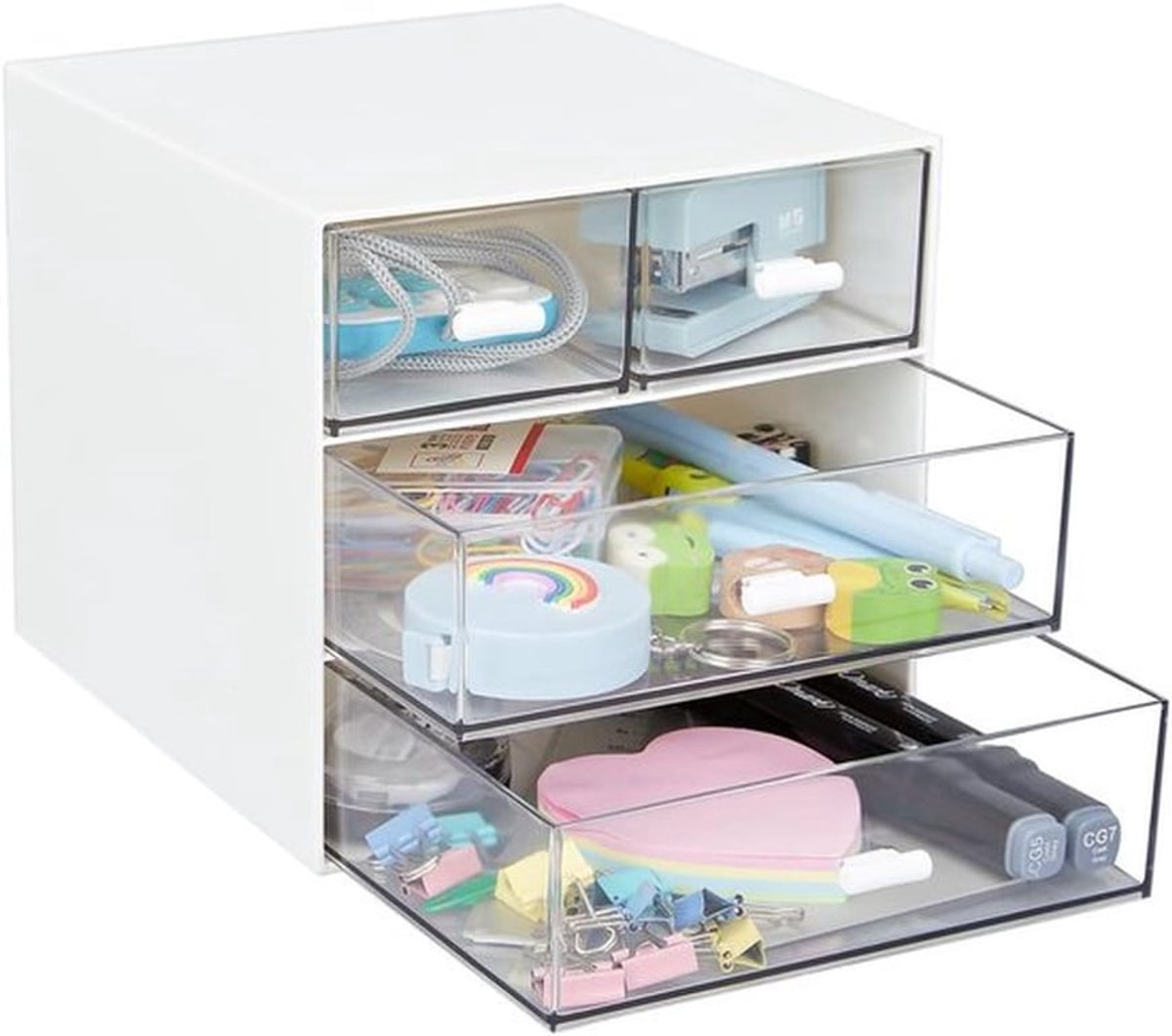 Bureau organizer met 4 lades, doorzichtige plastic opbergdoos voor op het bureau, voor kantoorbenodigdheden, gelpennen, potloden, stiften, tape, gummen, paperclips en opladers (wit, 4 afbeeldingen)