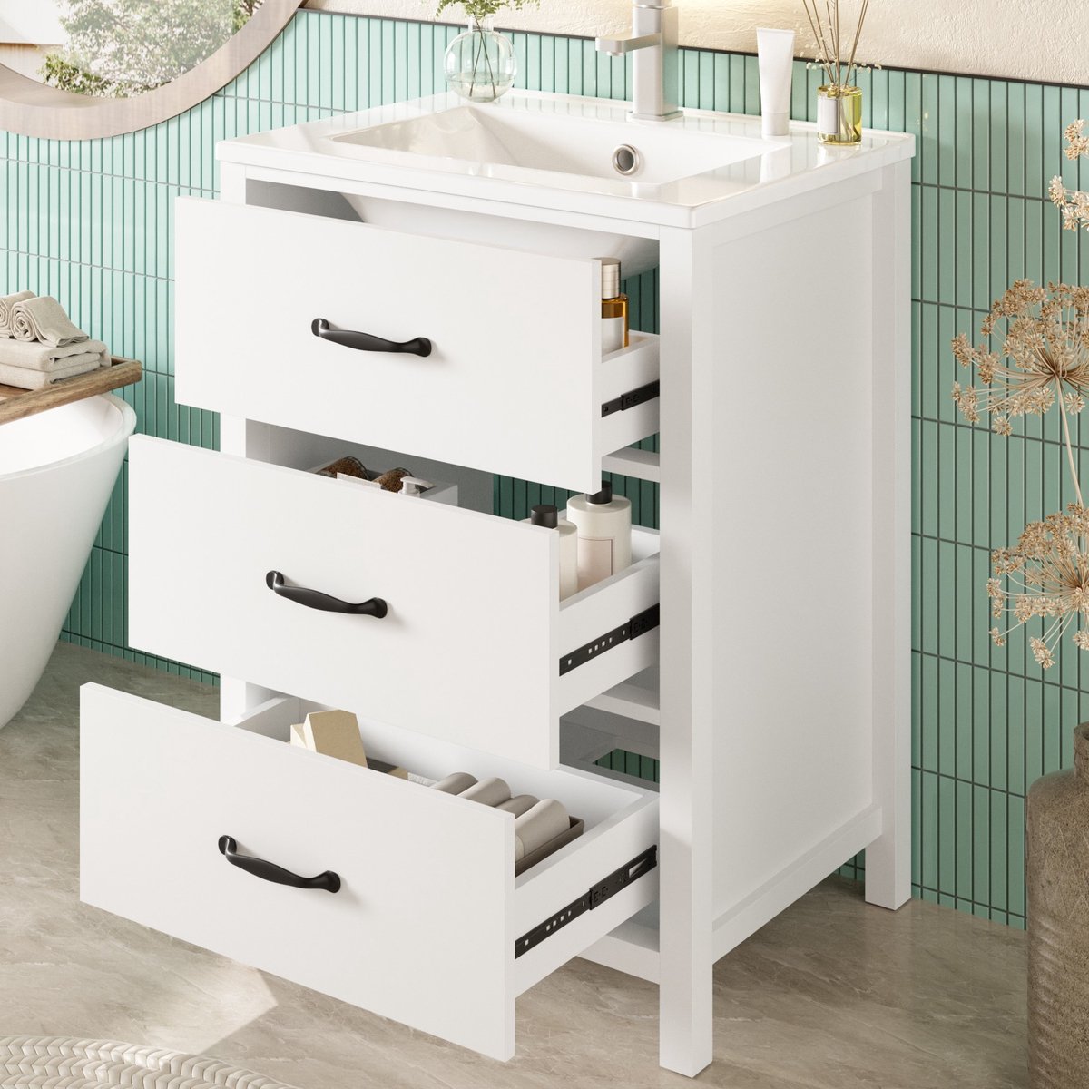 Badkamermeubel Met Wastafel - Vrijstaand Met 3 Lades En Keramische Wastafel - Badkamer - MDF - Wit - 61x47x83 Cm