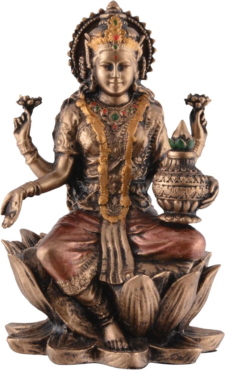 miniatuur Indian goddess Lakshmi - kunststeen - handgeschilderd in bronze - symbool van welvaart - ShopVlot