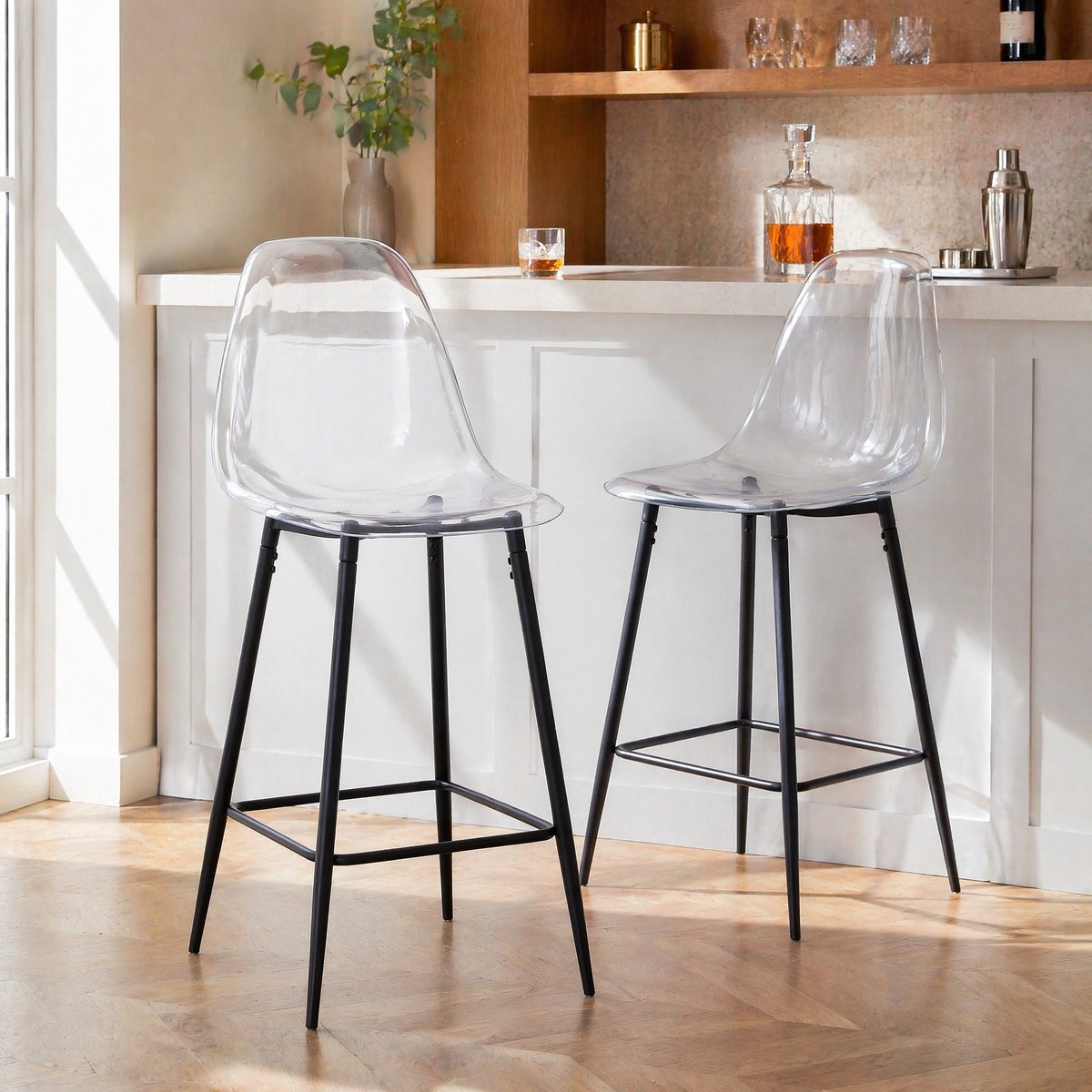 COVREO Barkruk set van 2, 101,6 x 43 cm, transparant zwart, kunststof, met rugleuning