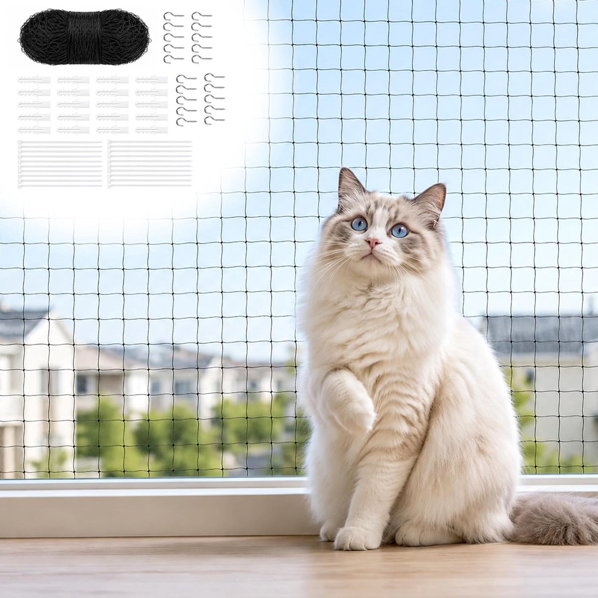 Kattennet balkon 8 x 3 m - zwart - zonder boren - veilige bescherming voor katten - ShopVlot