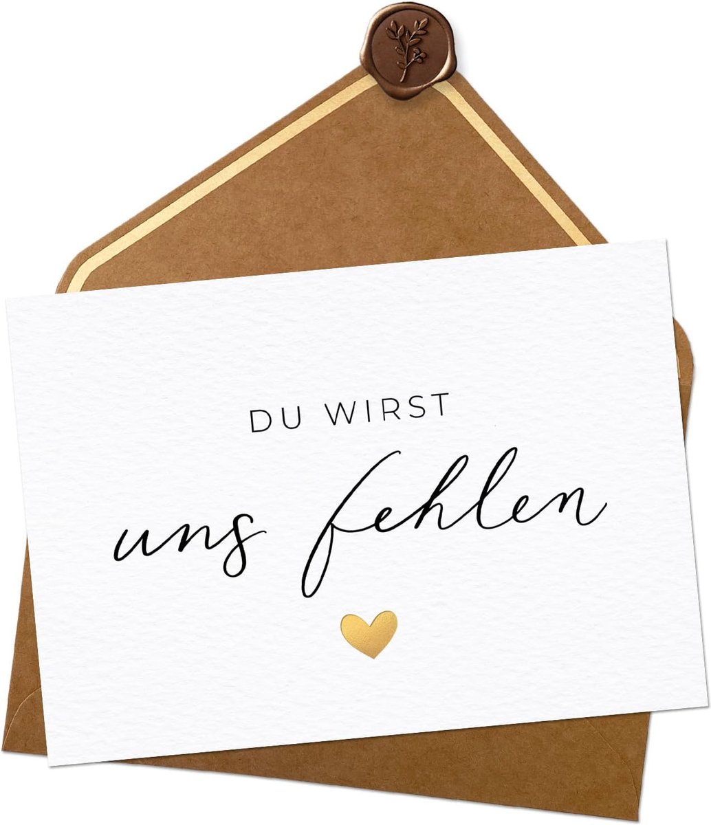 Du wirst uns fehlKarte - Abschiedkarte Kollegen - A6 met natuurlijke kuvert | 400 g gestructureerd designpapier, goudafwerking, ruimte voor persoonlijke woorden, premium schrijfwaren