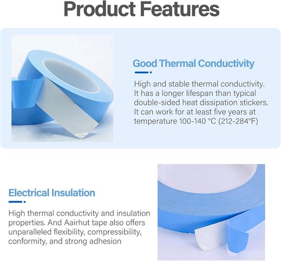 Warmtegeleidende tape, 25 m x 15 mm x 0,2 mm, dubbelzijdige koelband voor heatsinks - hooggeleidende thermoband voor LED, IGBT, IC-chips, computer CPU/GPU, modules, MOS-buizen en SSD's — afbeelding 5