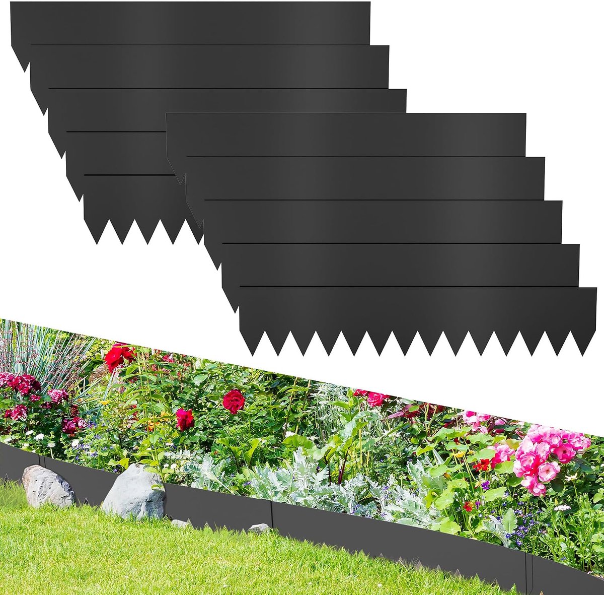 10 stuks verzinkte gazonrand, metaal, 20 x 100 cm, 10 m, roestbestendige perkrand, flexibele bedbegrenzing, maairand, tuinpalissade voor binnenplaats, gazon, eenvoudige montage, zwart