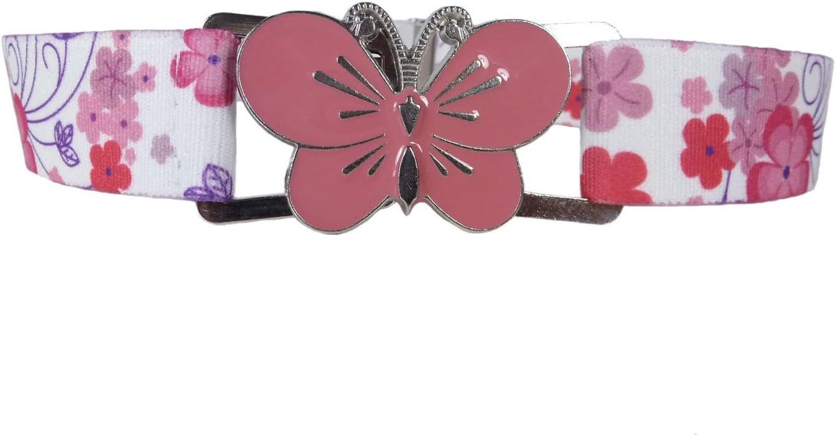 Meisjesriem 1-6 Jaar, Bloem/Vlinder, 25 mm | Verstelbare stretchriem bloemen- of vlindermotief voor 1–6 jaar, met bloemgesp; comfortabel en meegroeiend.