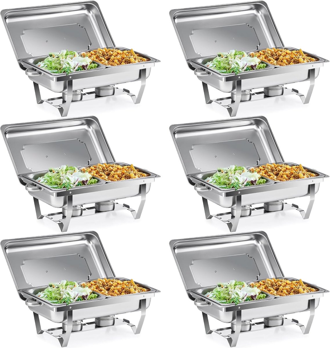 Chafing Dish, roestvrij staal, 9 liter, 1/2+1/2 GN-containers, buffetset, warmhoudcontainer, 6 sets, voedselwarmers, warmhoudcontainers, rechaud voor catering, buffet en feestjes