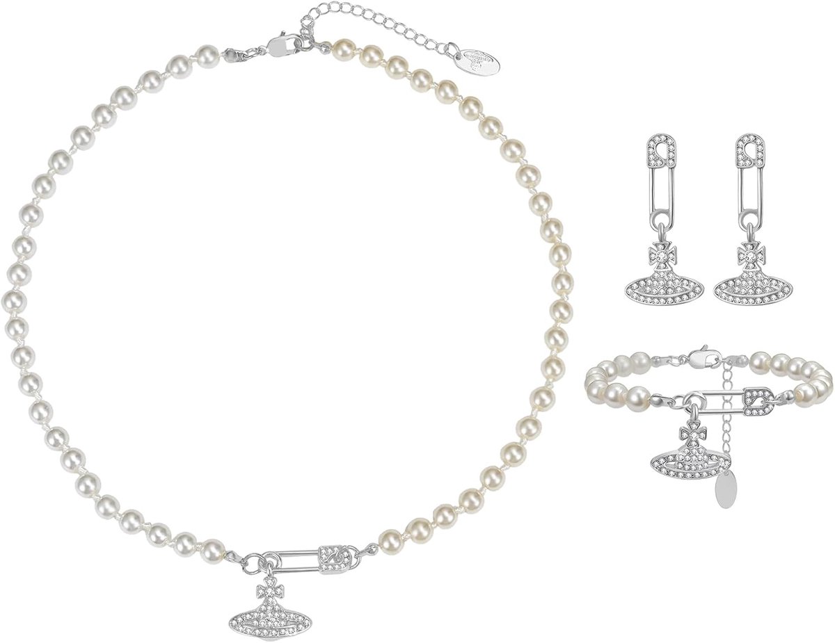 Saturnus Sieradenset voor dames, roestvrij staal, kunstparels, choker, halsketting, armband, oorbellen, set, ruimte, planeet, sieraden met zirkonia, cadeau voor Valentijnsdag, bruiloft