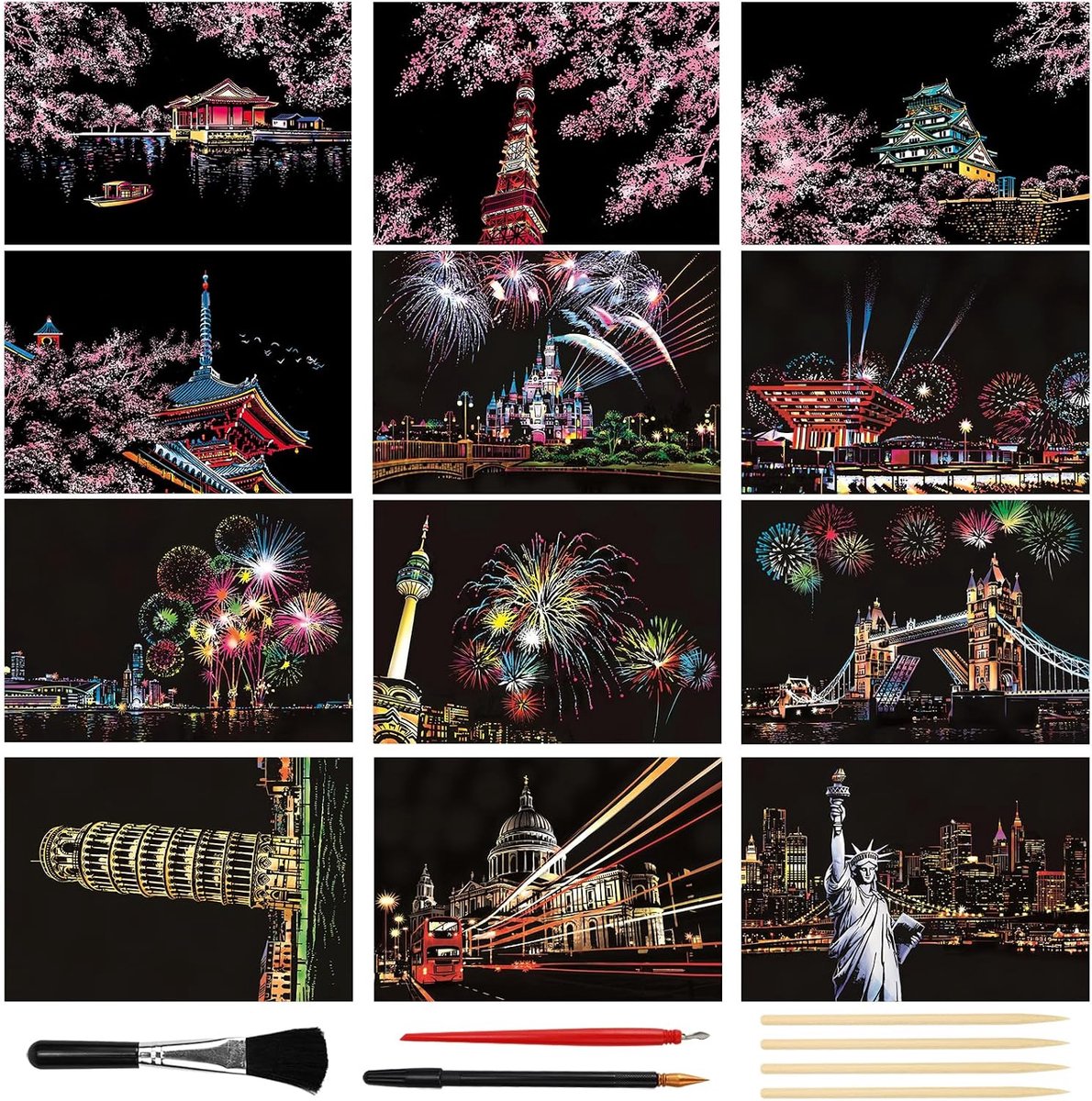 Kraskaart Vuurwerk en Kersenbloesem 12 stuks Kraspapier Scratch Art Krasbladen Kraspapier Krasraad en Pennenset Tekenen Kras Kaarten te Krassen