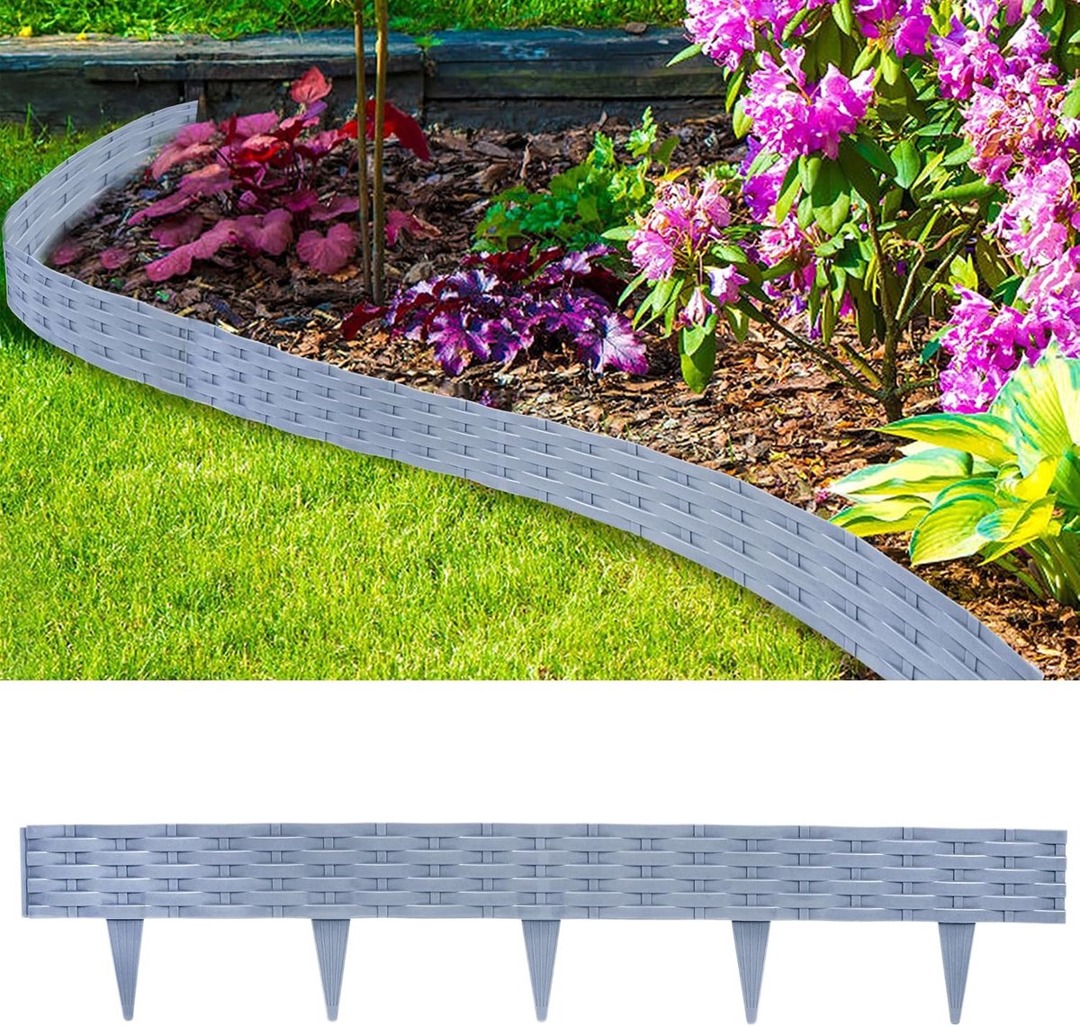 20 m rotan gazonrand, bloembedomranding, kunststof met 20 elementen à 100 cm, rotan-look, design perkomranding, buigbare maaibegrenzing, flexibel voor tuin (grijs)