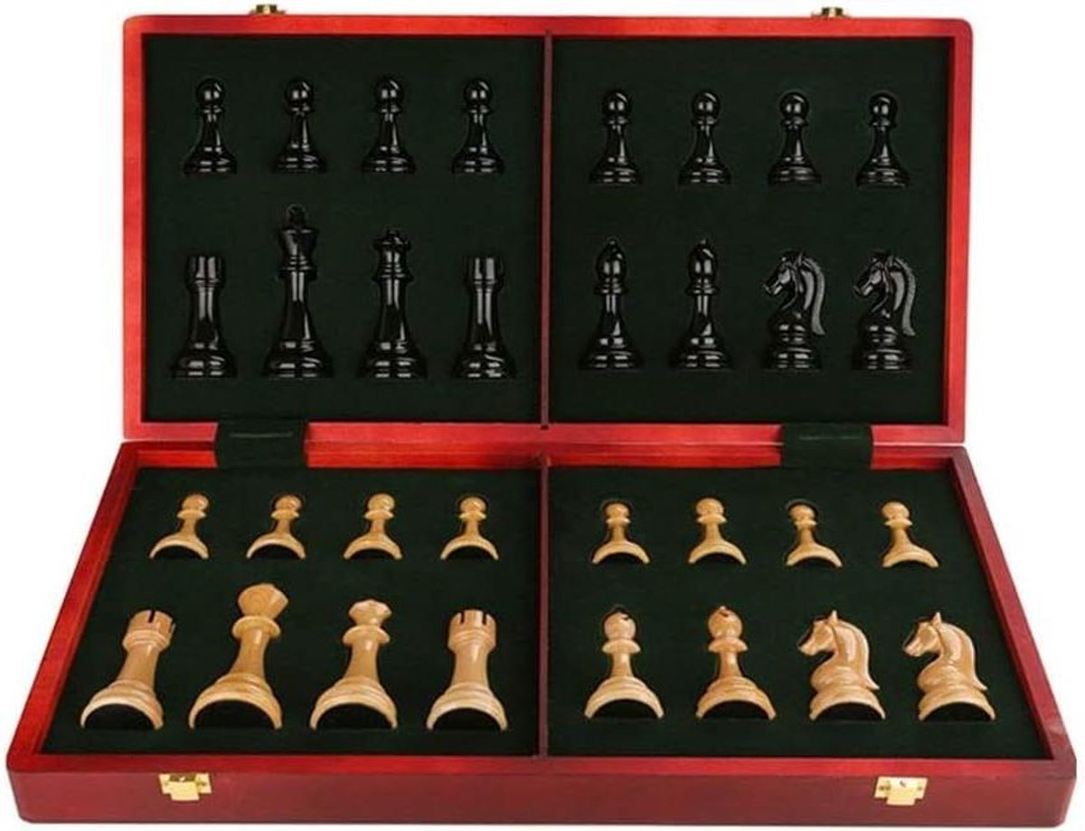Houten Schaakspel - Schaakbord Opvouwbaar - Strategisch Spel - Individuele Stuk Opslag - Zie detailfoto's - Natuurlijk Hout