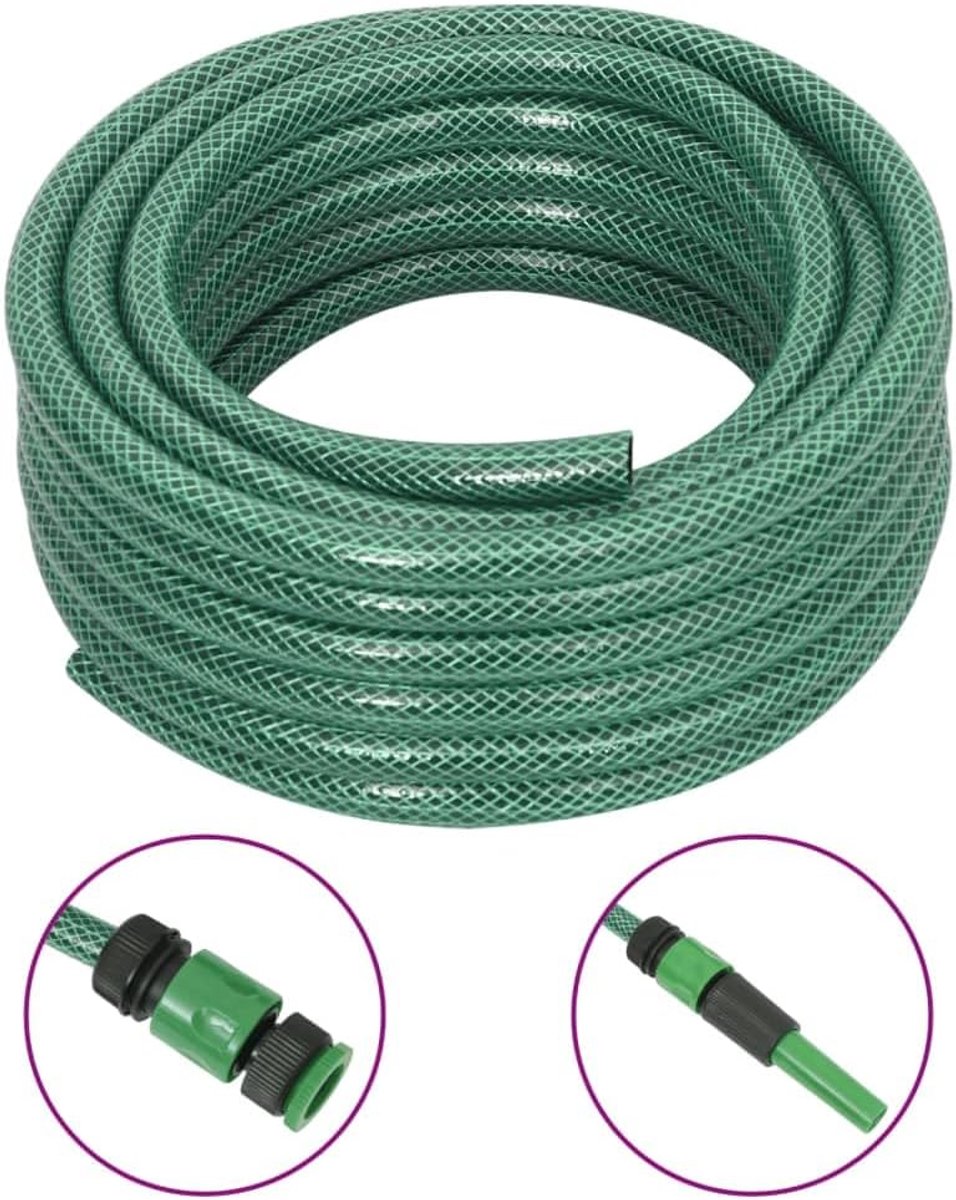 Tuinslang met armatuurset, pvc-slang, waterslang, irrigatieslang, industriële slang, drukslang, lengte: 20 m, dikte: 1,8 mm, polyvinylchloride, groen