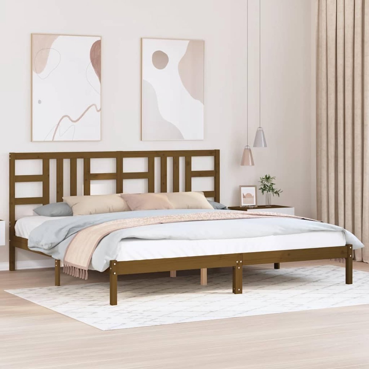 Massief grenen klassiek honingbruin 200x200 | Bedframe massief hout honingbruin 200x200 cm stevig grenenhoud slaapkamer meubel met lattenbodem