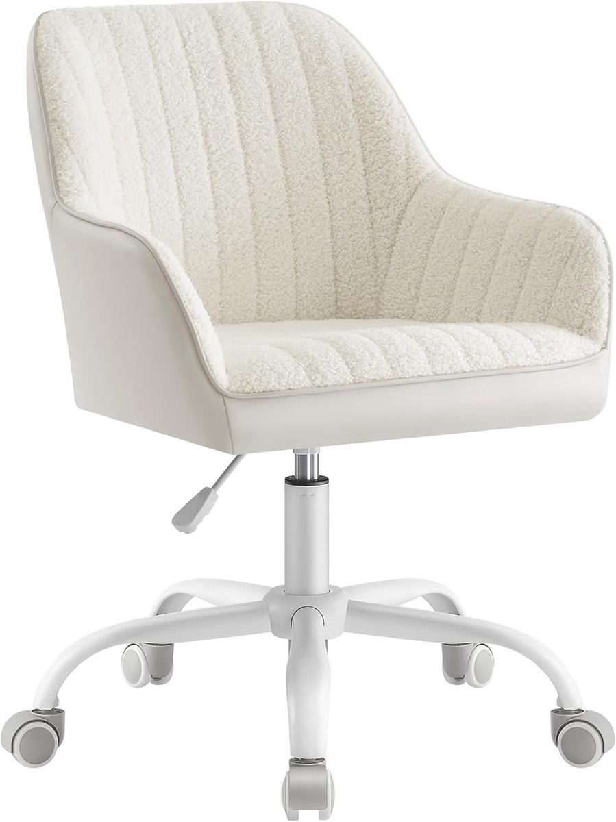 Bureaustoel, draaistoel, Sherpa en kunstleer, schuimbekleding, in hoogte verstelbaar, voor werkkamer, bar, cappuccinobeige-wolkenwit OBG012W01