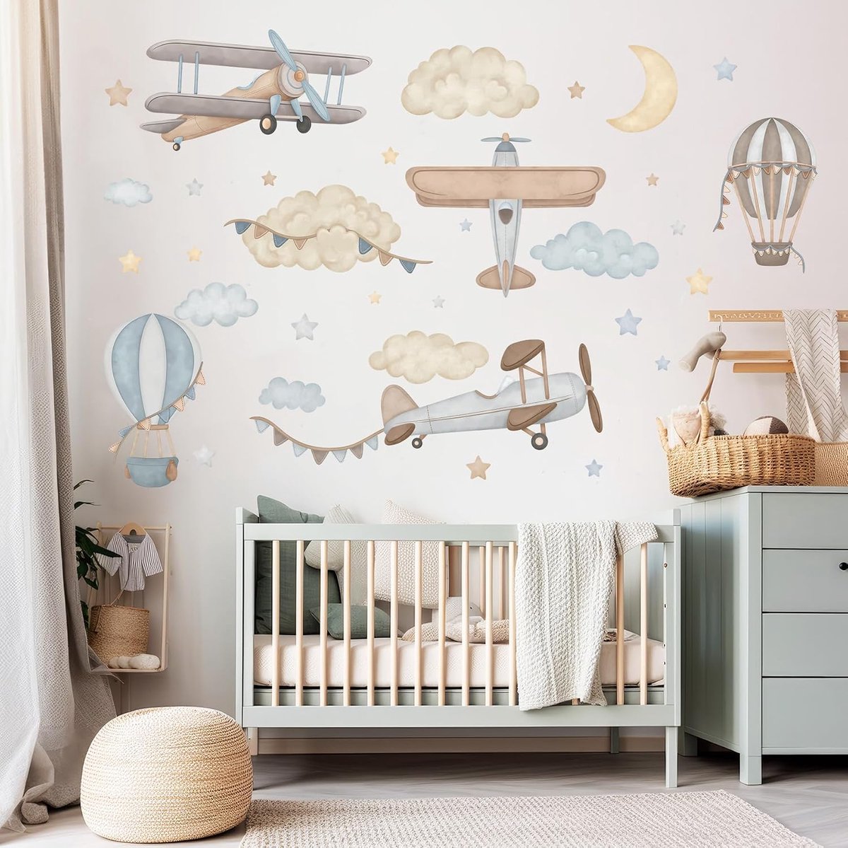 Muursticker voor kinderkamer - Kinderkamerdecoratie - Muursticker voor kinderkamer jongens, meisjes - Vliegtuigen, ballonnen, sterren, wolken, blauw - XL - 34stk