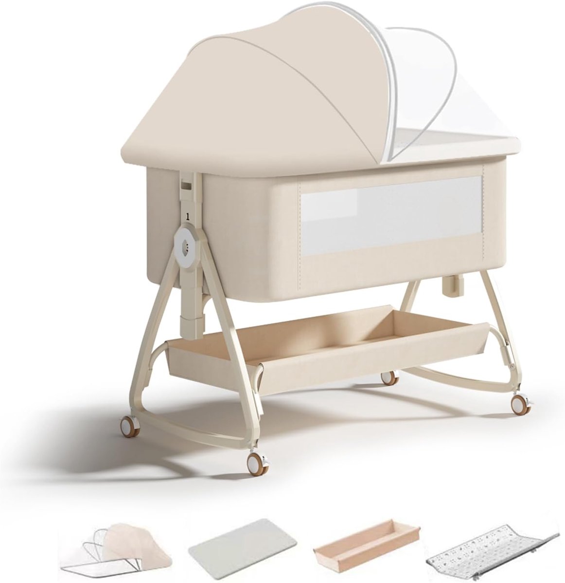 4-in-1 babybedje wieg, 6 in hoogte verstelbaar naast mij wieg, co-slapend babybedje met matras, afneembaar net, opbergmand en commode, kan 0-3 jaar naar een wieg worden overgeschakeld (beige)
