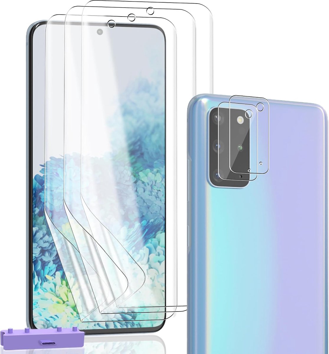 3 + 2 stuks TPU-displaybeschermfolie voor Samsung Galaxy S20 Plus, flexibele hydrogelfolie, installatieset, vingerafdruksensor, camera 9H, HD, transparant, krasbestendig