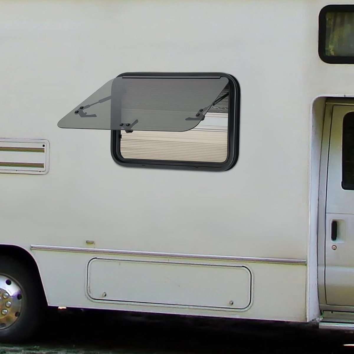 Schuifraam, 700 x 450 mm, caravanraam met insectenbescherming en zonwering, afgerond zijraam, zwart, schuifraam, camper, uitzetraam, camperraam voor camper, caravan