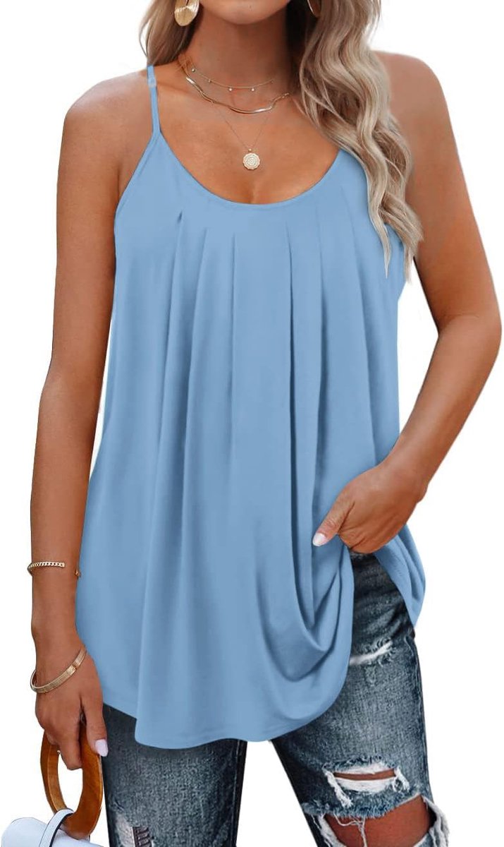 Tanktop voor dames, spaghettibandjes, mouwloos, zomertop, dames, geplooid, ronde hals, blouse, S-2XL, 34-52