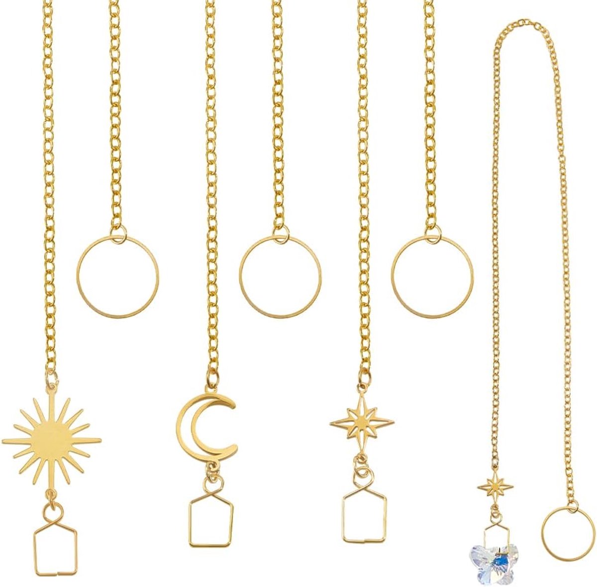 9 stuks 3 stijlen gouden ketting zonvanger, prismaketting voor ramen, maanvormige hangende ornamenten voor tuindecoratie, hangende prismabal hangers, 46,3 - 47,3 cm