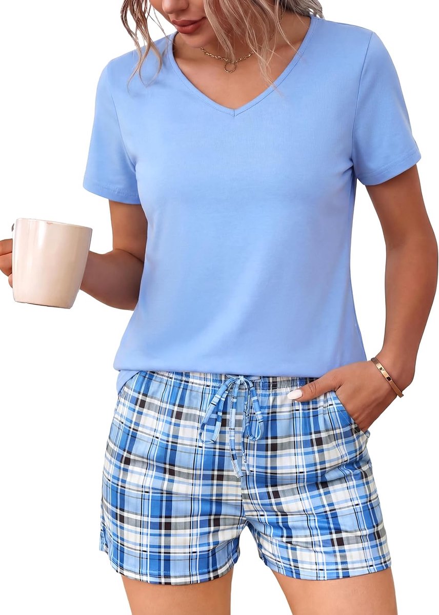 Korte damespyjama van katoen, korte mouwen, grote maten, T-shirt met V-hals en korte broek, geruit, zacht en comfortabel