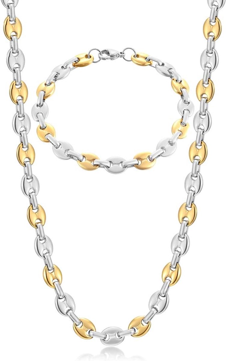 Ketting voor heren, halsketting en armband van roestvrij staal, 6 mm, 9 mm, 11 mm, zilver/goud/zwart, Roestvrij staal, Geen edelsteen