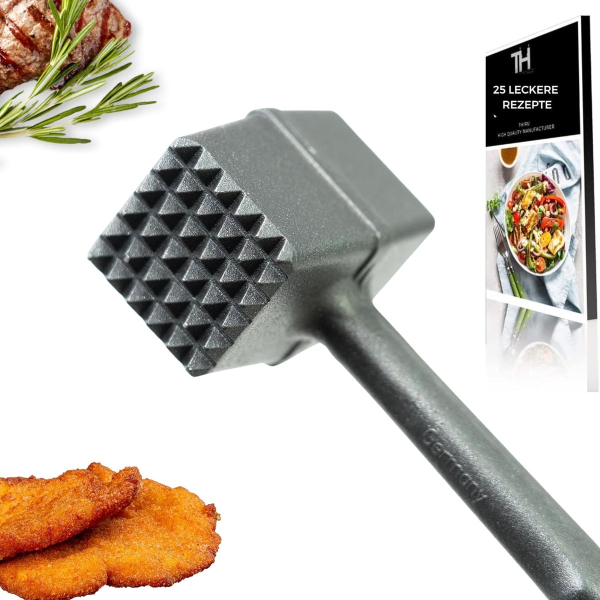 Premium vleeshamer - vleeshamer voor schnitzels, bakkebaarden, steak - hamerkop met twee slagvlakken - zacht voor vlees - incl. e-book met 25 recepten - Made in Germany