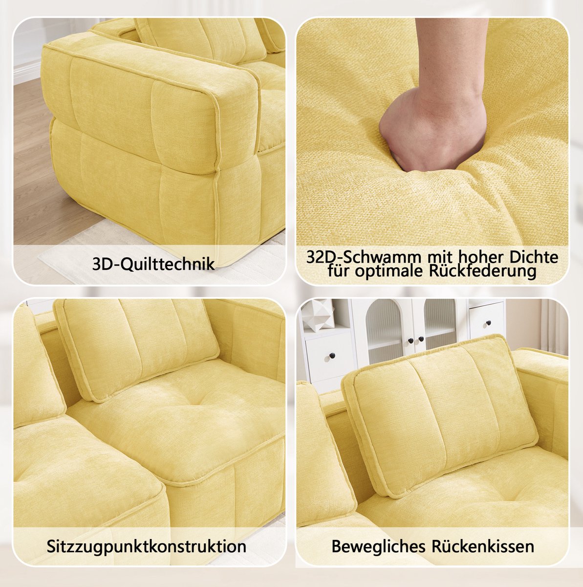 OKWISH Hoekbank 198 x 162 cm - 2-Zits Modulaire Bank Met Hocker En Diepe Zitting - Zonder Frame Voor Woonkamer Of Appartement - Polyester - Geel