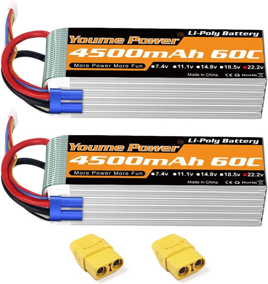 Lipo batterij 22.2V 4500mAh 6S - EC5 en XT90 plug - Hoge capaciteit - Geschikt voor drone racing - ShopVlot