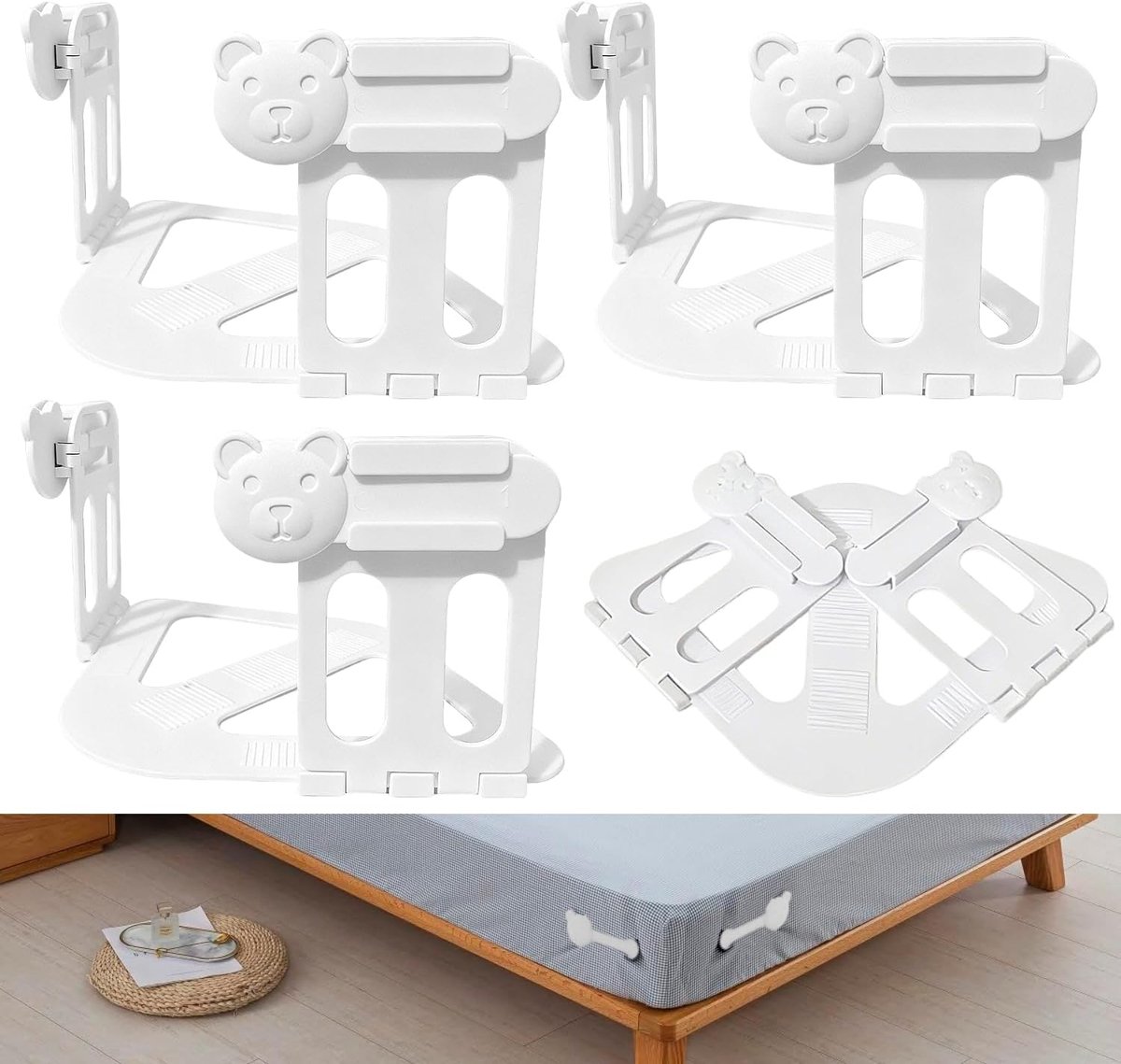 Bedlakenshouders 4 Stuks - Grote, Vouwbare, Antislip - Met Schattige Beren Sluitstrips - Voor Strak Beddegoed - ShopVlot