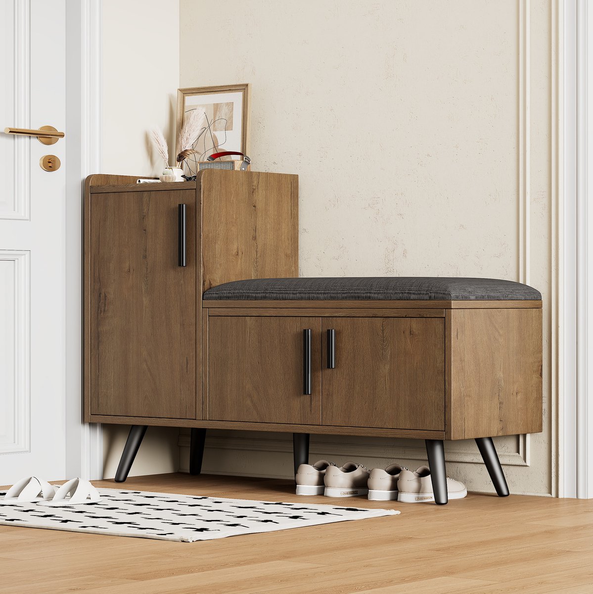 OKWISH Schoenenkast - 3 Deuren Met Opbergruimte En Zitting - Voor Hal En Woonruimte - Spaanplaat Metaal - Naturel 100x34x68,5 Cm