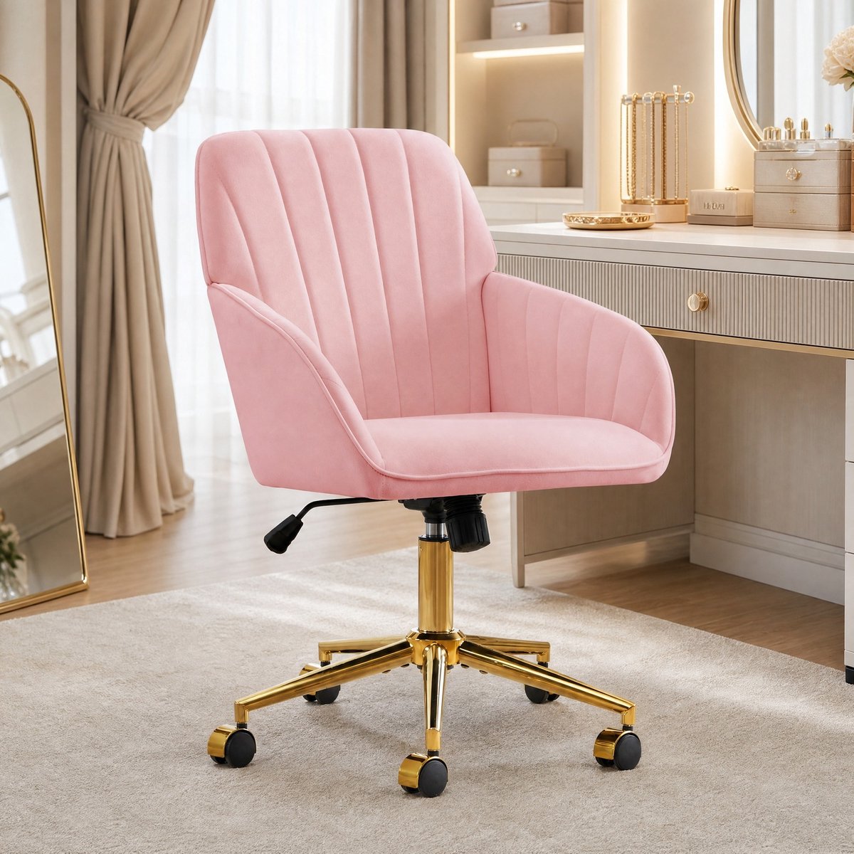 REDOM - Bureaustoel met armleuningen - Verstelbare zithoogte - 360 graden draaibaar - Met wielen - Fluwelen bekleding - Bureau en slaapkamer - Roze - 57 x 29 x 52 cm