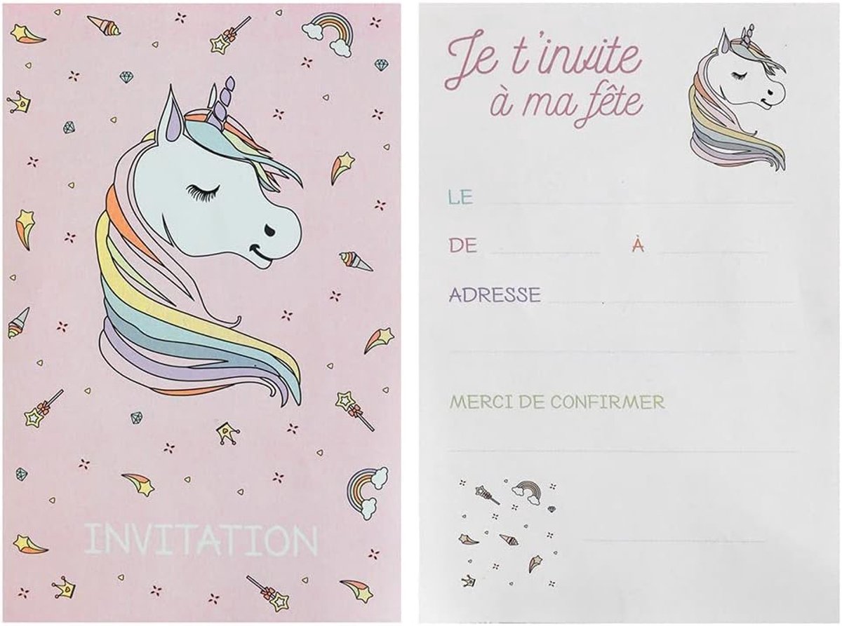Uitnodigingskaarten eenhoorn - wit en roze - 6 stuks - feestelijk gebruik - ShopVlot
