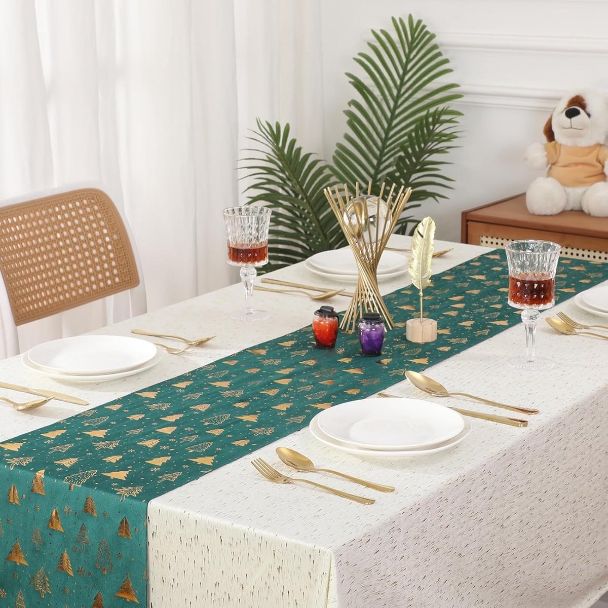 Tafelrunner Kerst - Groene Velvet Met Gouden Bomen - Omkeerbaar en Wasbaar - Creëer Sfeervolle Kersttafels - ShopVlot