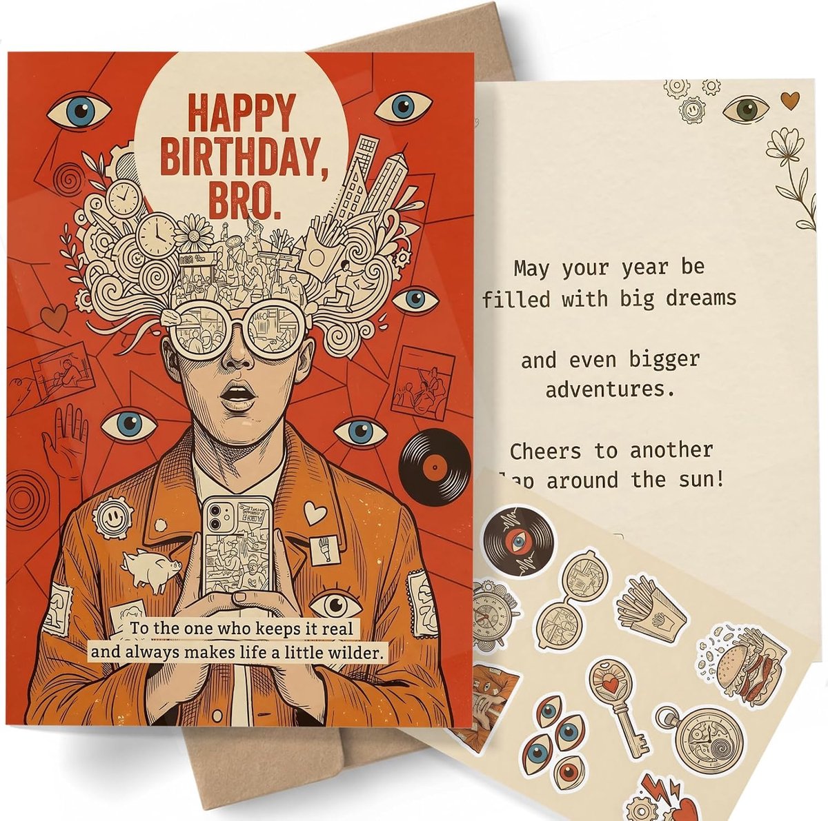 Wenskaart Happy Birthday Bro A5 - Retro-doodle design - Dubbelzijdige druk - Originele kunst met envelop - ShopVlot