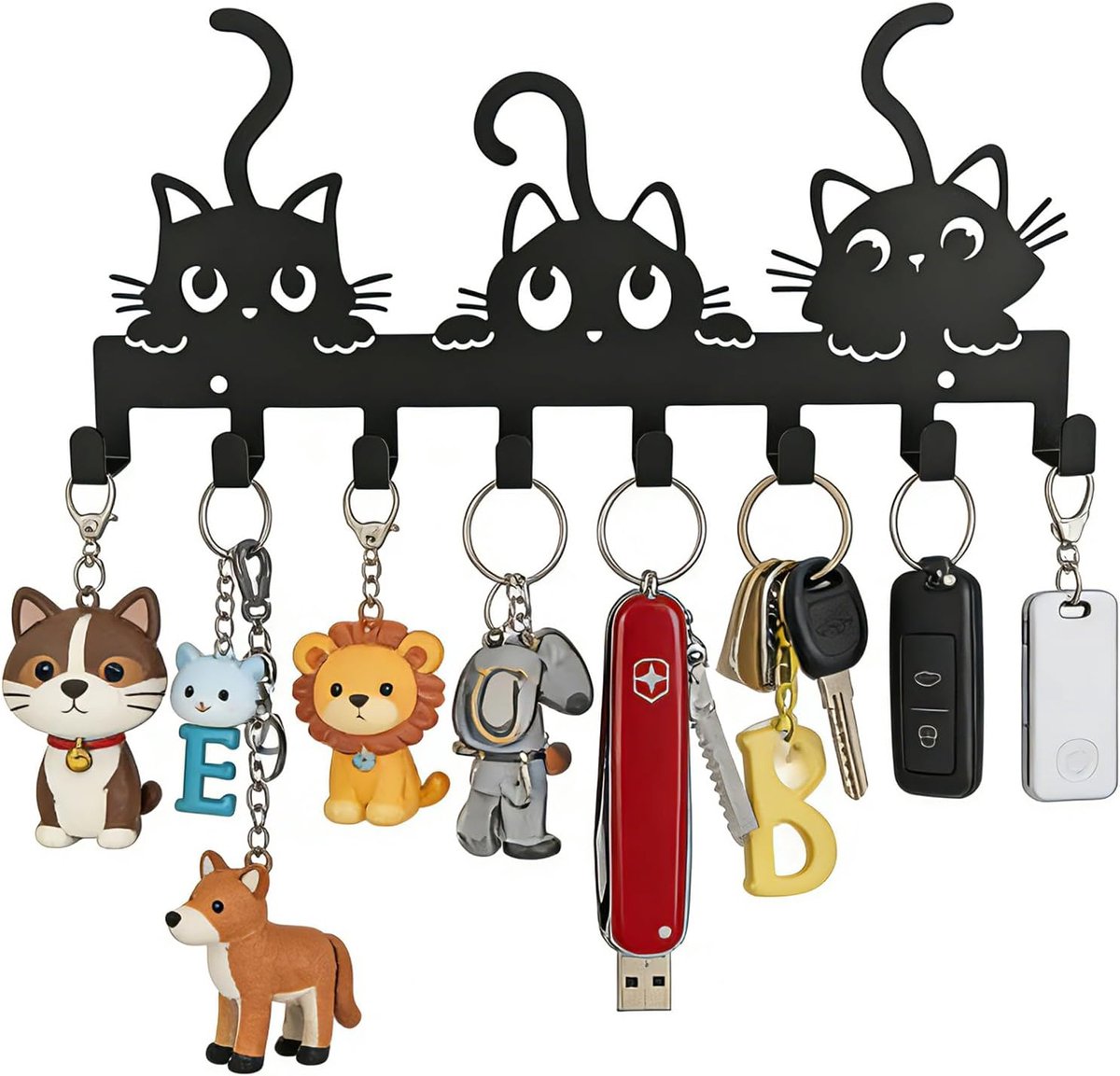 Sleutelrek met 8 haken - Kattenkunst patroon - 26 x 12 cm - Ruimtebesparend design voor hal en woonkamer - ShopVlot