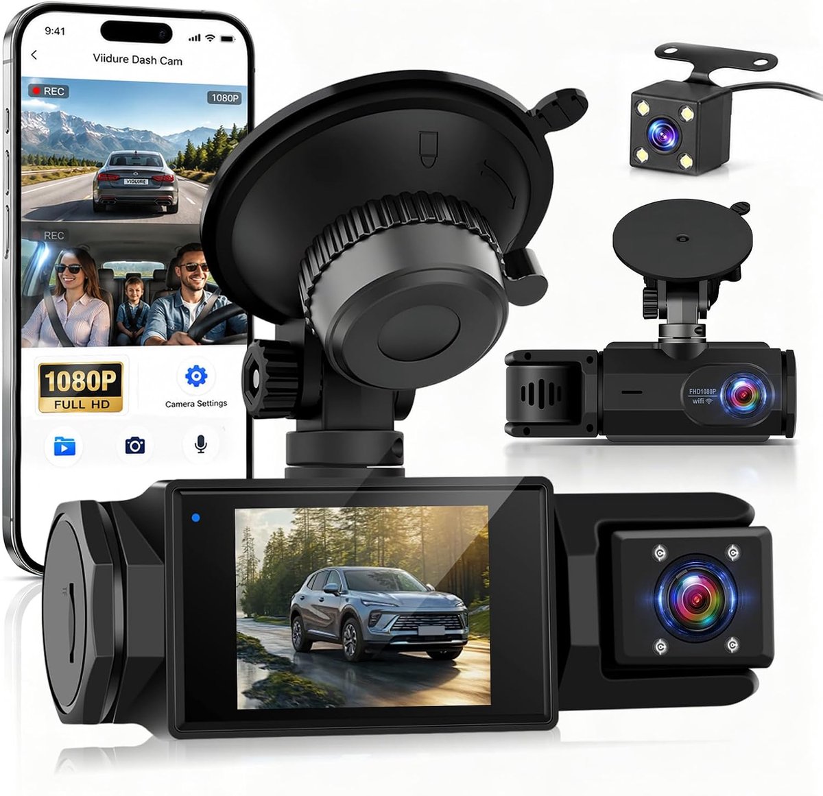 Dashcam 2.0 Inch - 3 Kanalen - 1080P Voorcamera + 2x 480P Interieur & Achter - Volledige 360° Beveiliging - ShopVlot