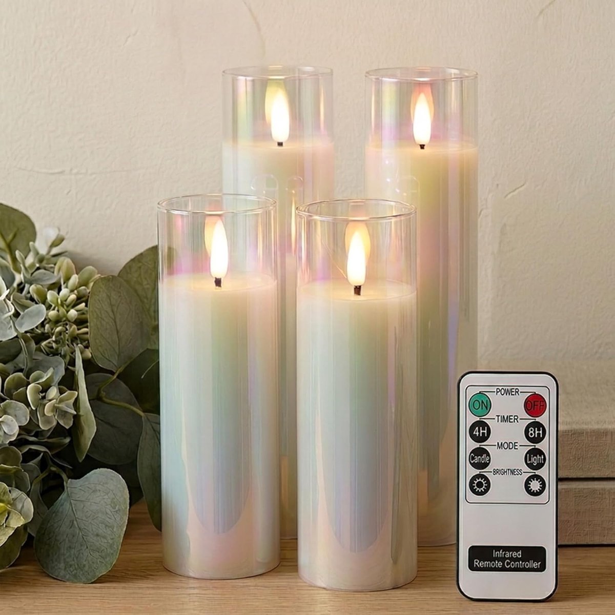 4 Glas Led stompkaarsen wit met timer, realistisch Led Kaarsen met warmwit licht, Hoogte 15/20.5 cm, Afstandsbediening en Batterijen inbegrepen